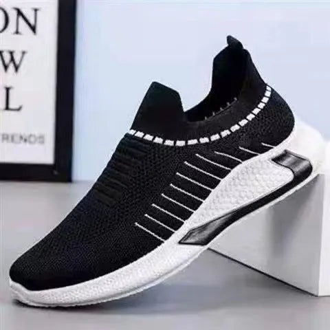 Men's mesh sock shoes with Flyknit upper and striped design in black, black white, and white colour options