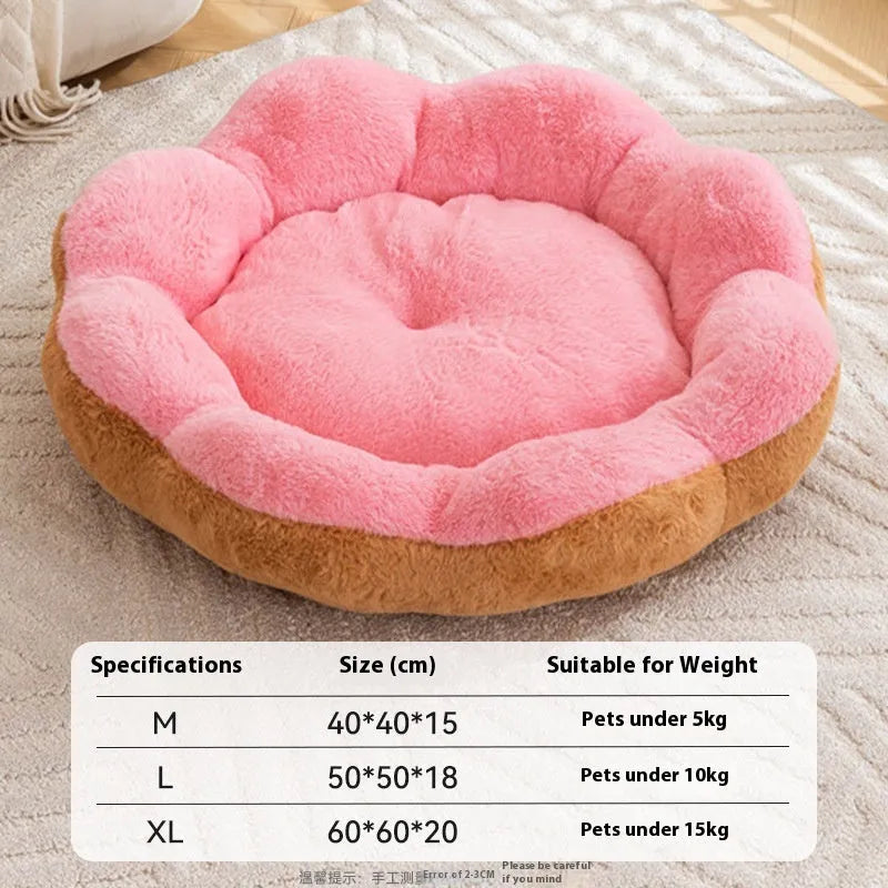 A thick rabbit plush round nest cat bed in a brown gray colour, shown with a detachable section.