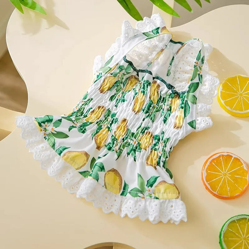Rock yellow lemon polyester strap skirt dog dress for small dogs with breathable thin material