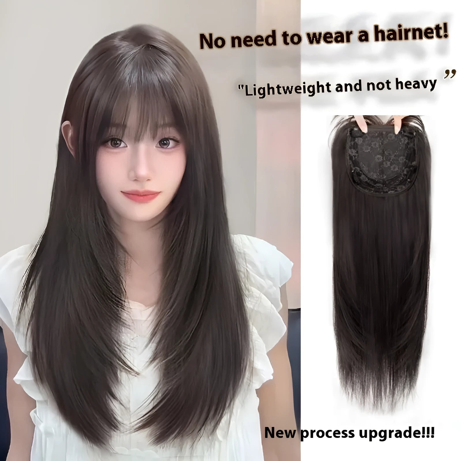 Women's full-head hair net wig in black long straight style with high layering and brown-black root colouration
