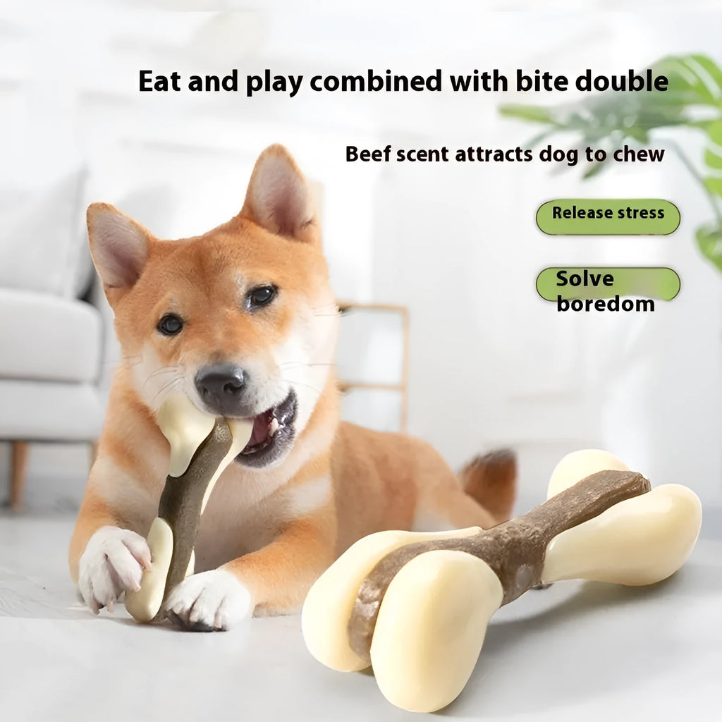Durable dog bone grinding chew toy made from brown cowhide and nylon in small and large sizes.