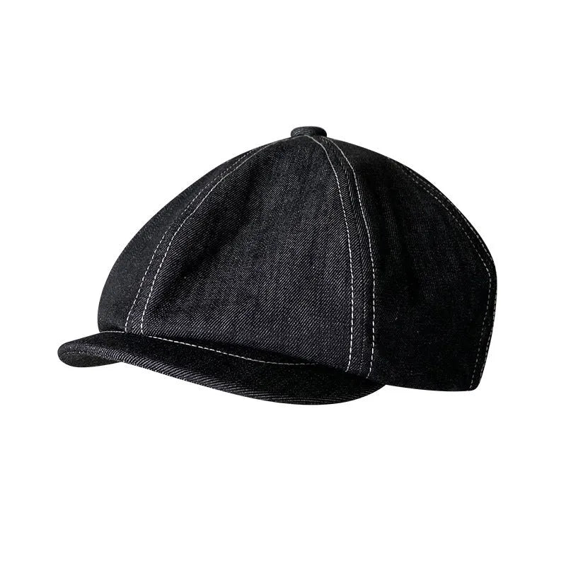 Black Japanese denim cotton beret with octagonal flat cap design
