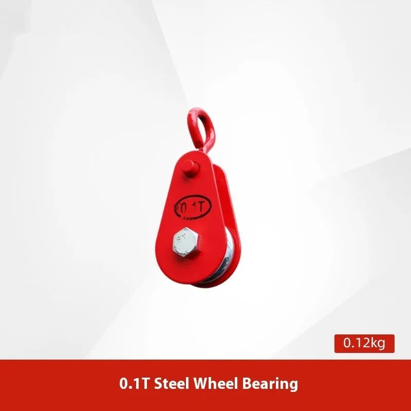 Red forged steel industrial lifting pulley with a safety latch on the hook
