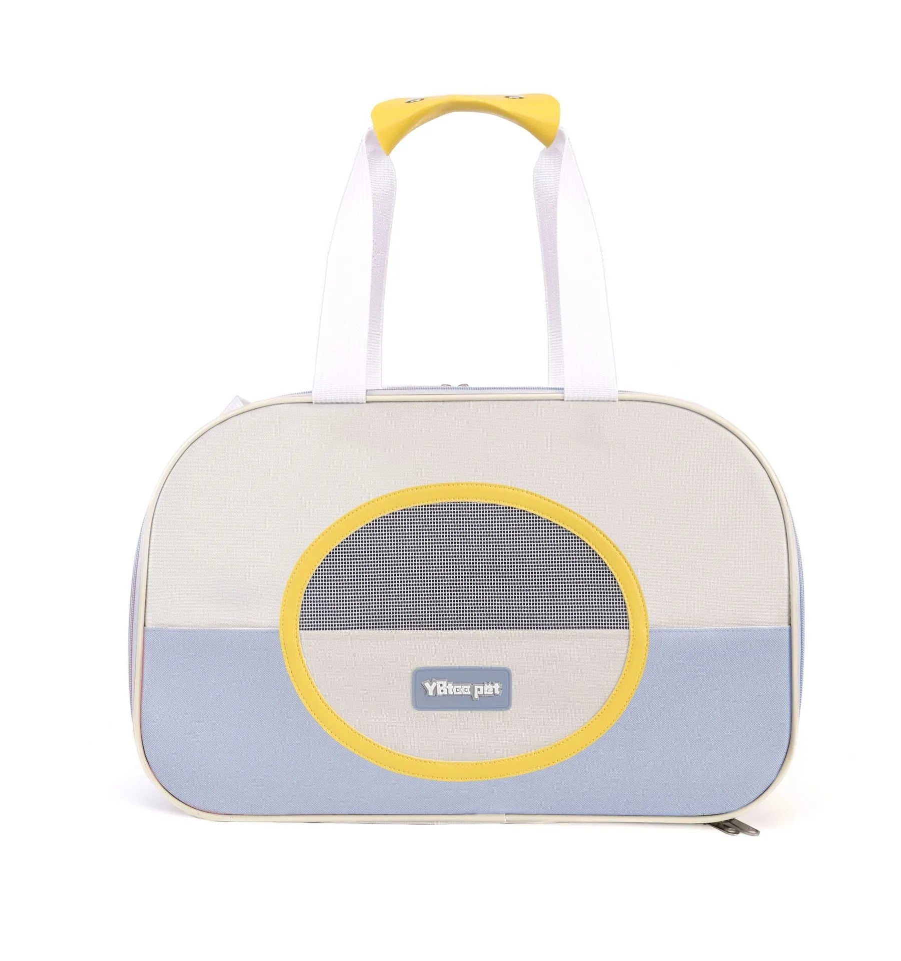 Outdoor portable foldable cat backpack in blue colour with breathable mesh panels