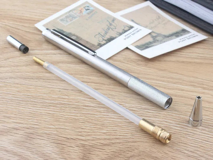 Metal automatic mechanical pencil with retractable tip, shown with compatible lead sizes from 0.3mm to 3.0mm.