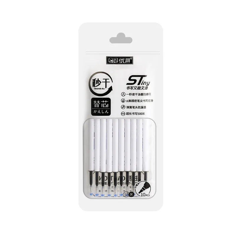 Pack of 10 quick-drying ballpoint pen refills in black, blue, red, and ink blue colours.