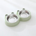 Stainless steel pet double feeding bowl in blue, green, or pink colour for cats and dogs.