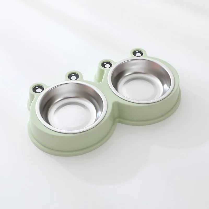 Stainless steel pet double feeding bowl in blue, green, or pink colour for cats and dogs.