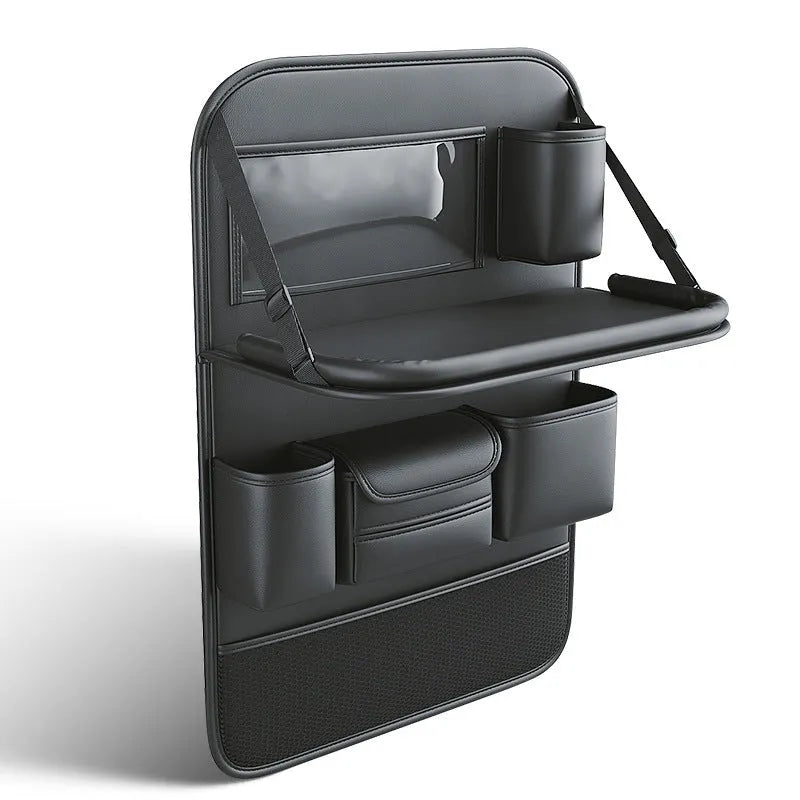 Car seat back storage bag with foldable dining table in leather, waterproof and pressure resistant, high grade gray colour