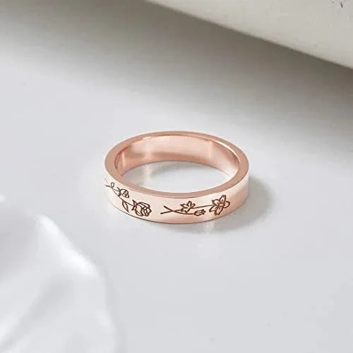 925 silver birthday flower ring with electroplated gold finish on white background