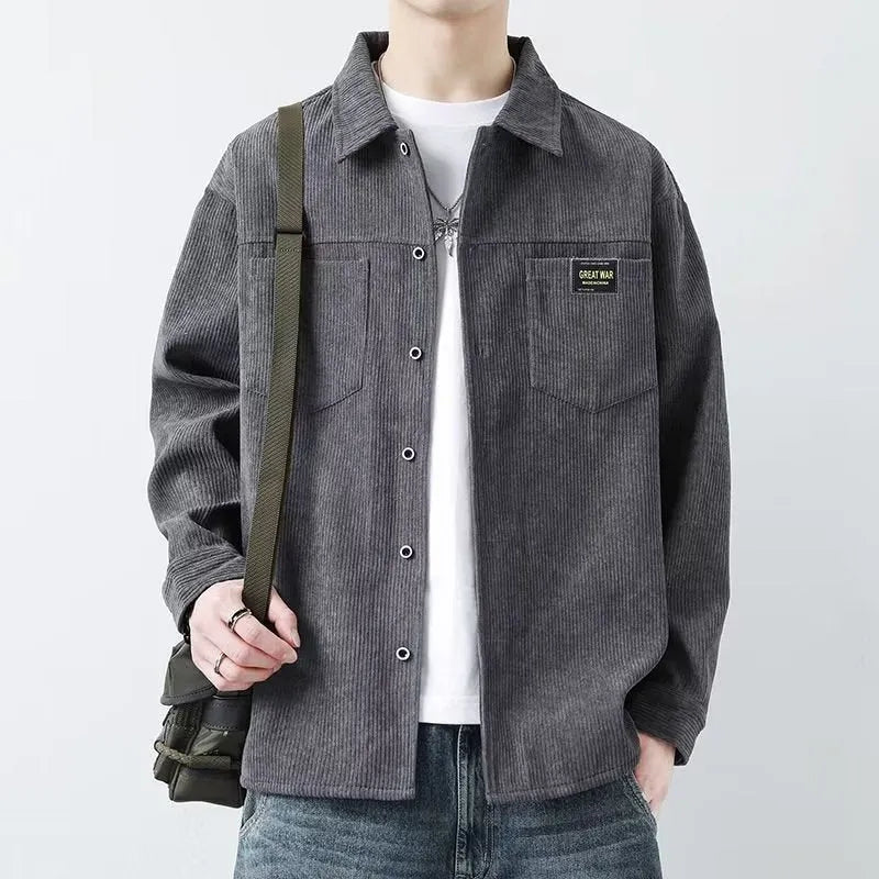 Men's corduroy jacket in khaki, shown as a long-sleeved cardigan shirt