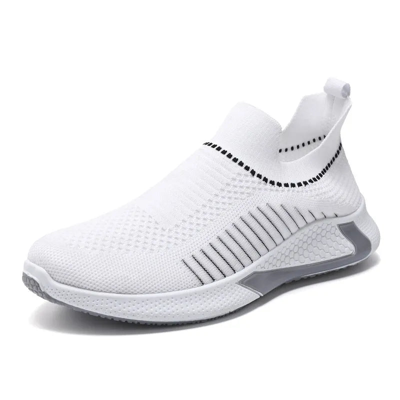 Men's mesh sock shoes with Flyknit upper and striped design in black, black white, and white colour options