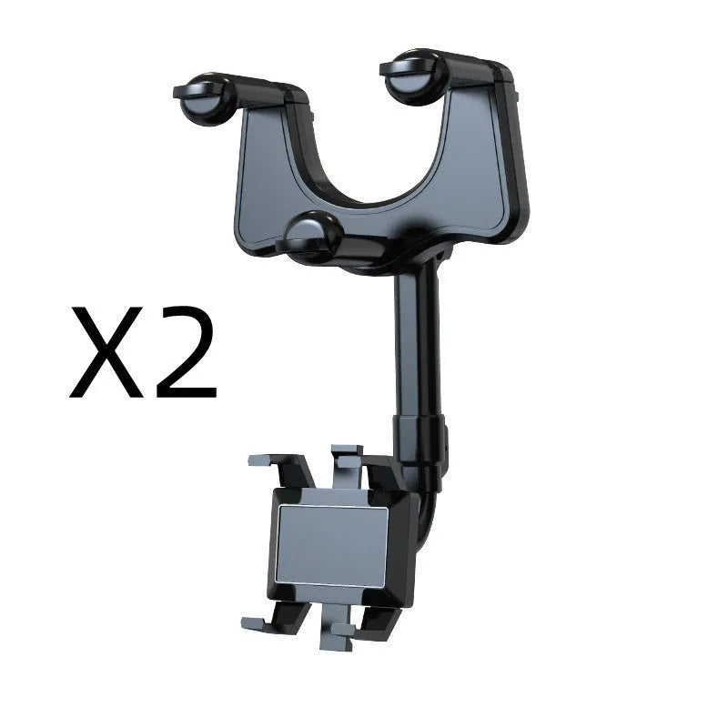 Black rearview mirror phone holder with 360-degree rotation and telescopic arm extended