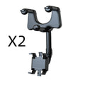 Black rearview mirror phone holder with 360-degree rotation and telescopic arm extended