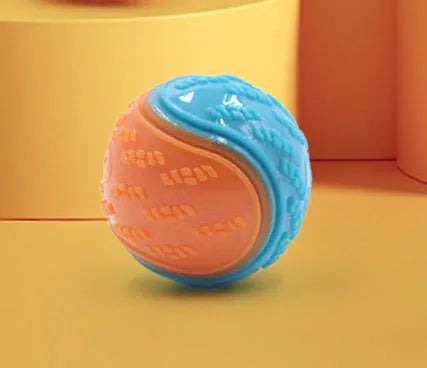 Red and blue TPR rubber dog training ball with squeaker, 6.5cm in diameter