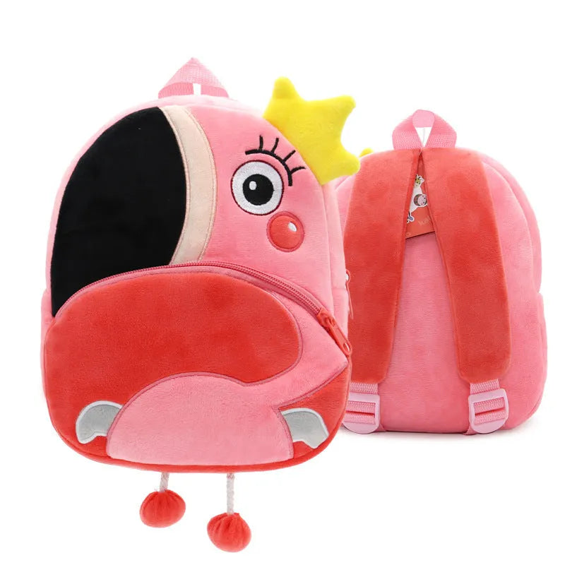 Children's plush animal backpack in various designs including elephant, bee, flamingo and unicorn styles