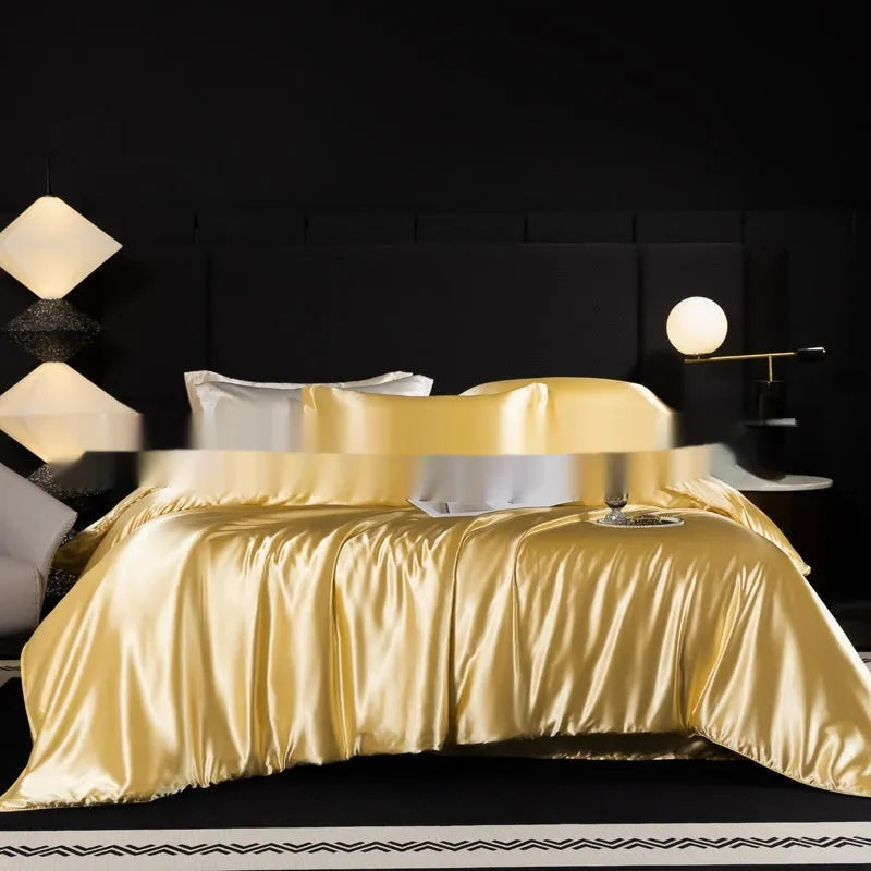 Silk bed sheet four-piece set in solid colour folded, showing options for Ash Purple, Cool Black, and Golden Camel.