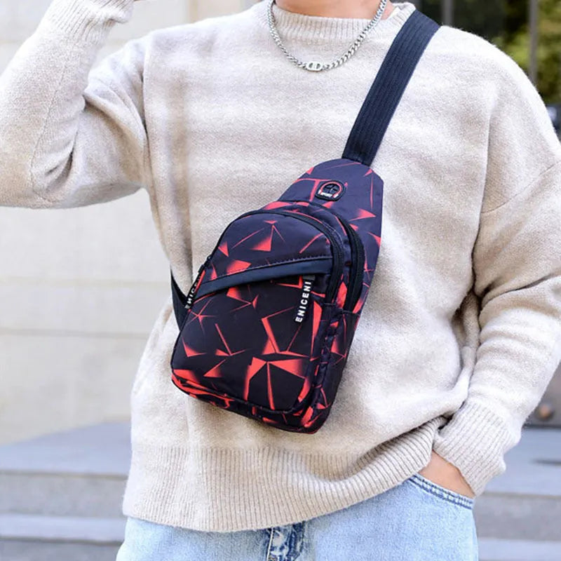 Men's print sling chest bag with earphone hole, Oxford cloth construction, showing front view with zipper opening