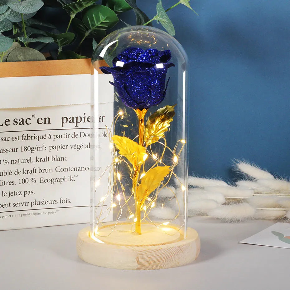 Eternal rose in glass cover with LED light on, seven colour options, handmade copper wire stem