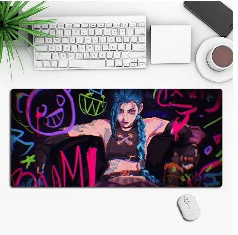 Custom anime graphic gaming mouse pad with non-slip rubber base on a desk.