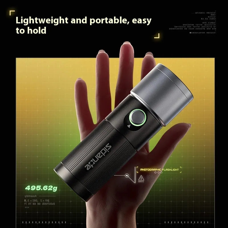 10W handheld LED photography fill light with built-in battery, folding projection cover, and 20 design pieces on a table