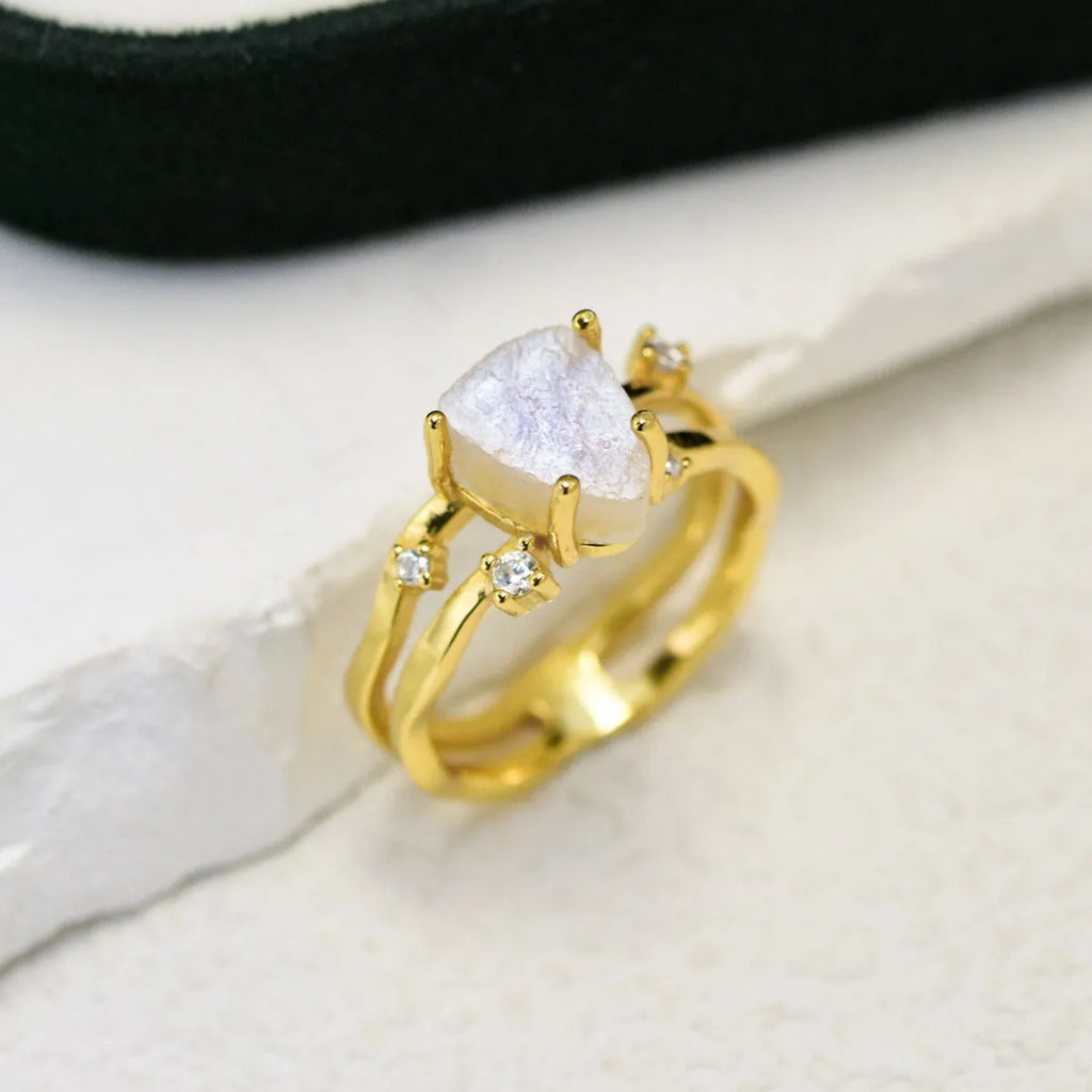 S925 silver ring with irregular triangle shape and moonstone in rose gold, white gold, or yellow gold finish.