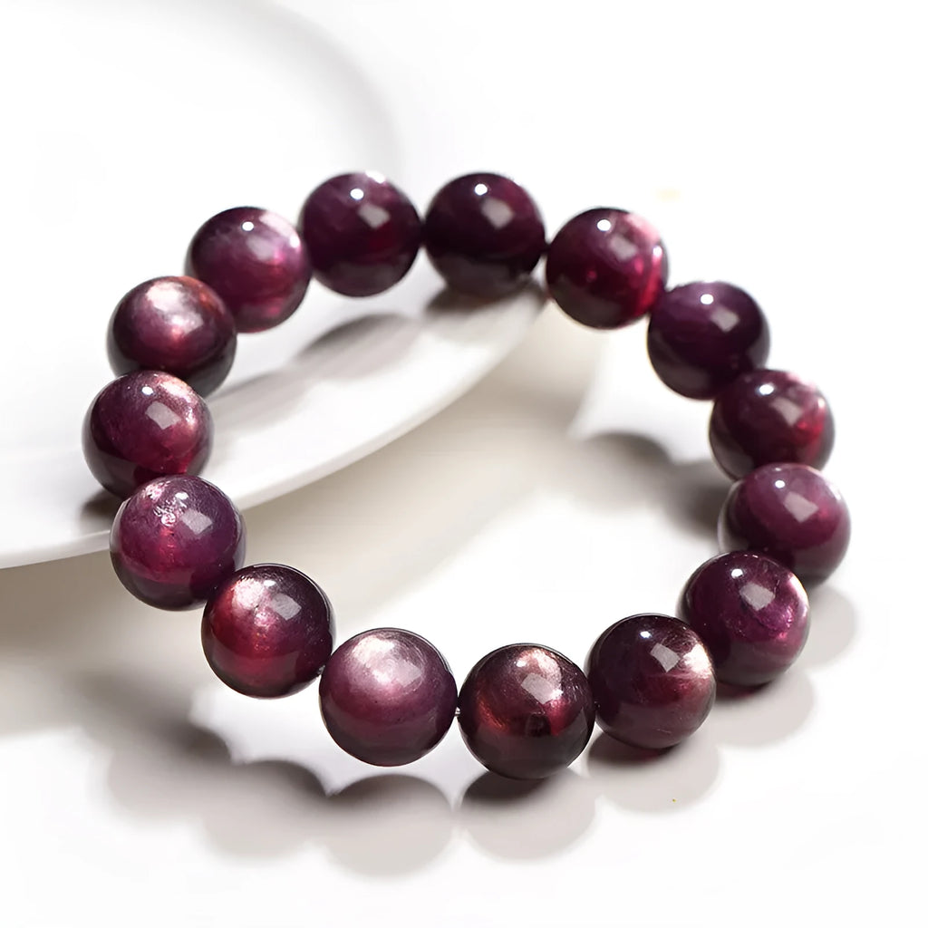 Purple lepidolite crystal bracelet with polished round beads in geometric design