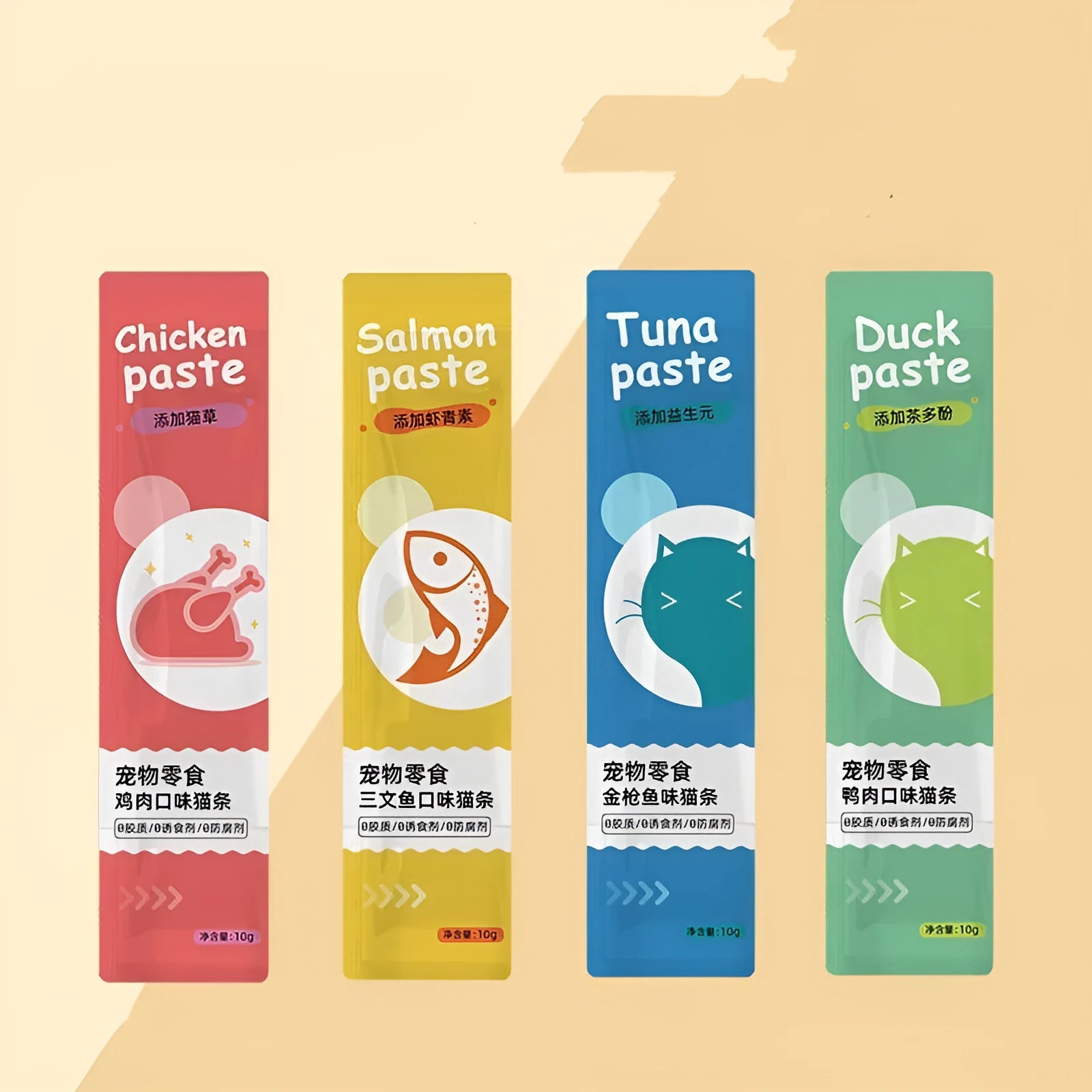 Pack of cat treat strips in four flavour varieties including chicken catgrass and salmon astaxanthin.