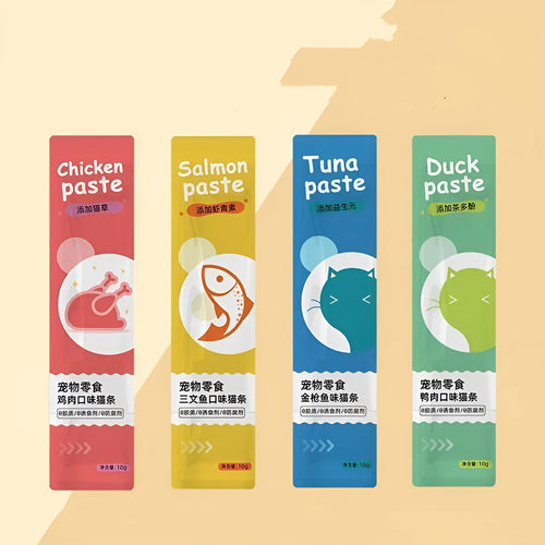 Pack of cat treat strips in four flavour varieties including chicken catgrass and salmon astaxanthin.