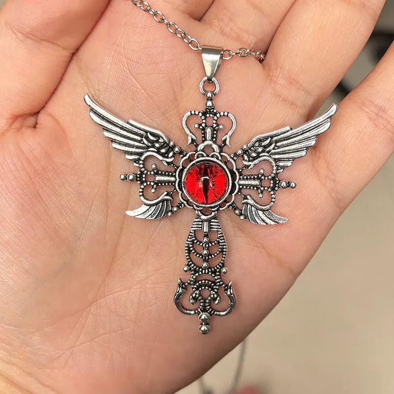 Geometric devil wings cross pendant necklace in alloy with multiple colour options