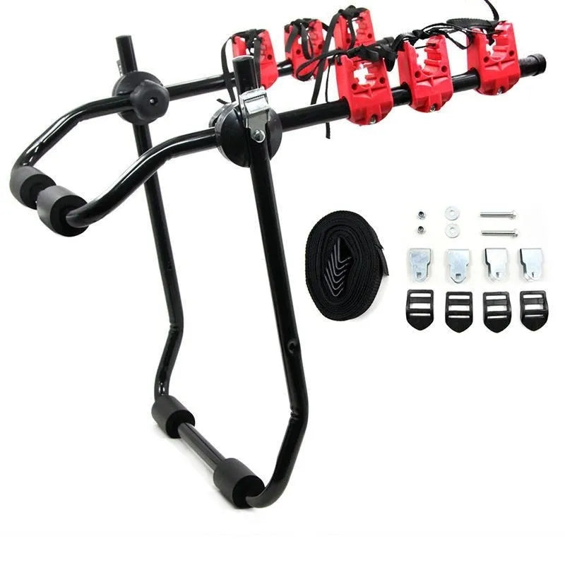 Black and red trunk-mounted bicycle rack with iron frame and choice of tie rope or pull belt straps
