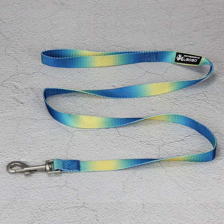 Gradient colour nylon dog leash and harness set shown in pink and blue combination.