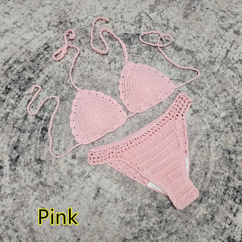 Women's 3-piece crochet bikini swimsuit set in a choice of colours on a mannequin.
