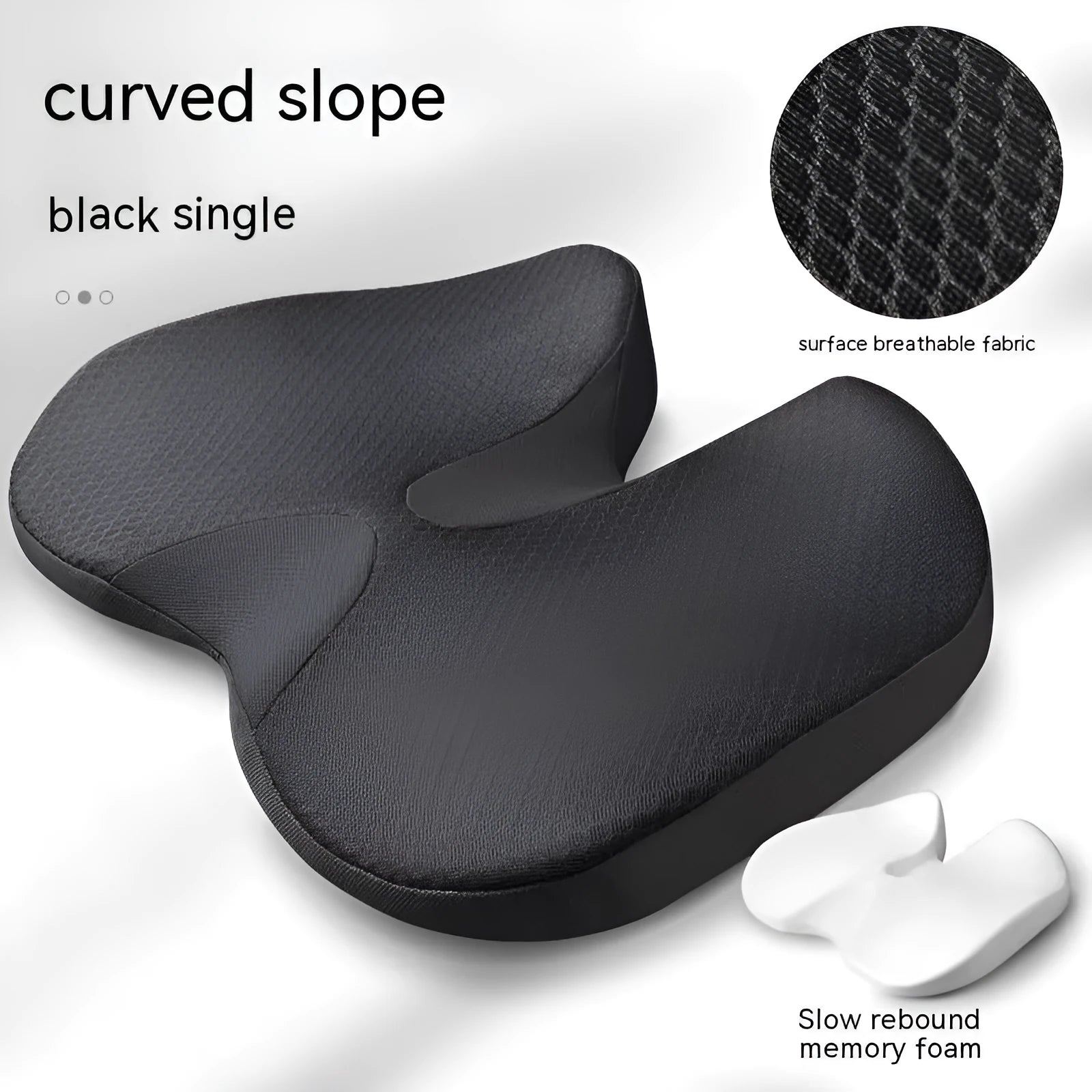 Curved bevel seat cushion with memory foam for tailbone support during driving