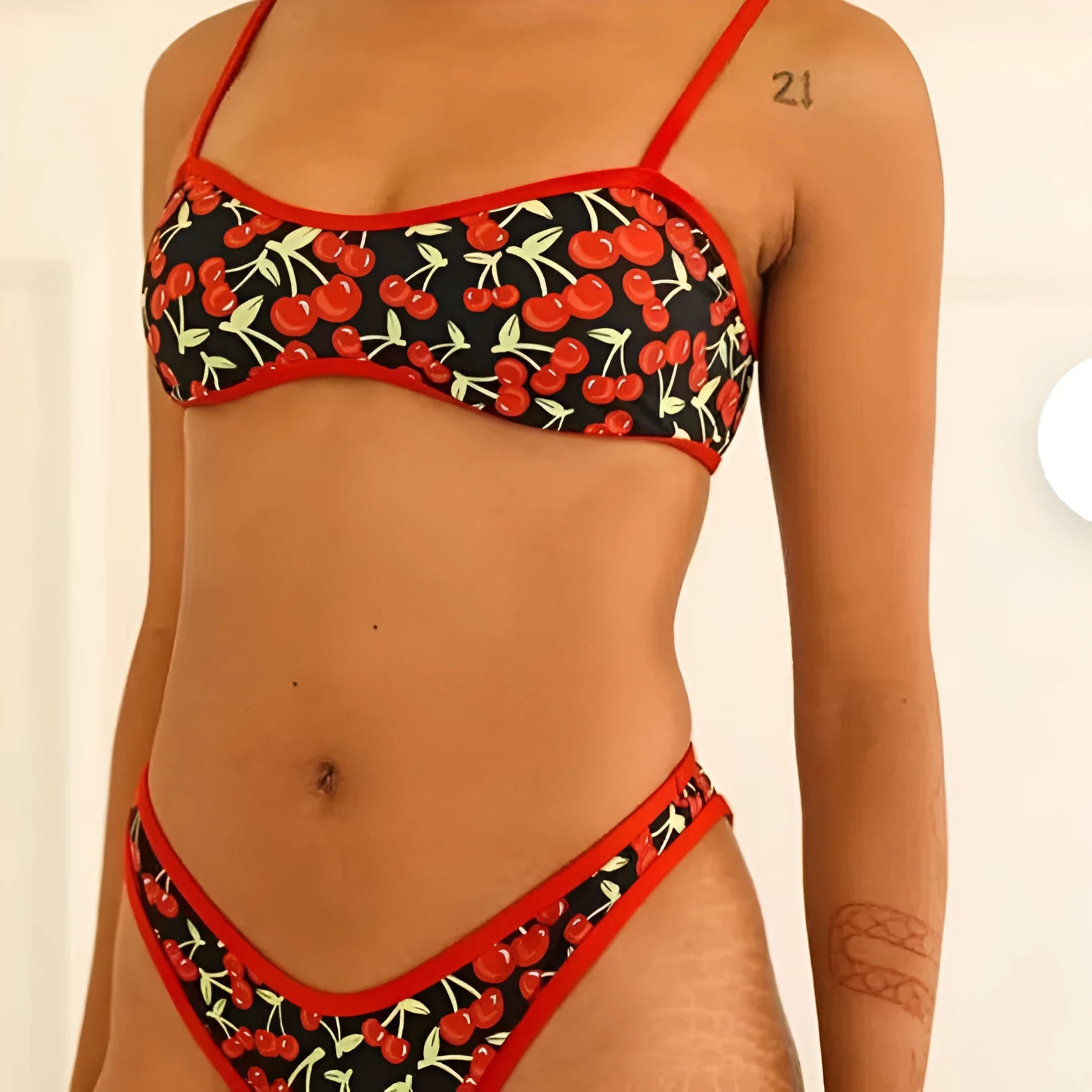 Women's cherry print floral tube top bikini swimsuit in polyester fabric