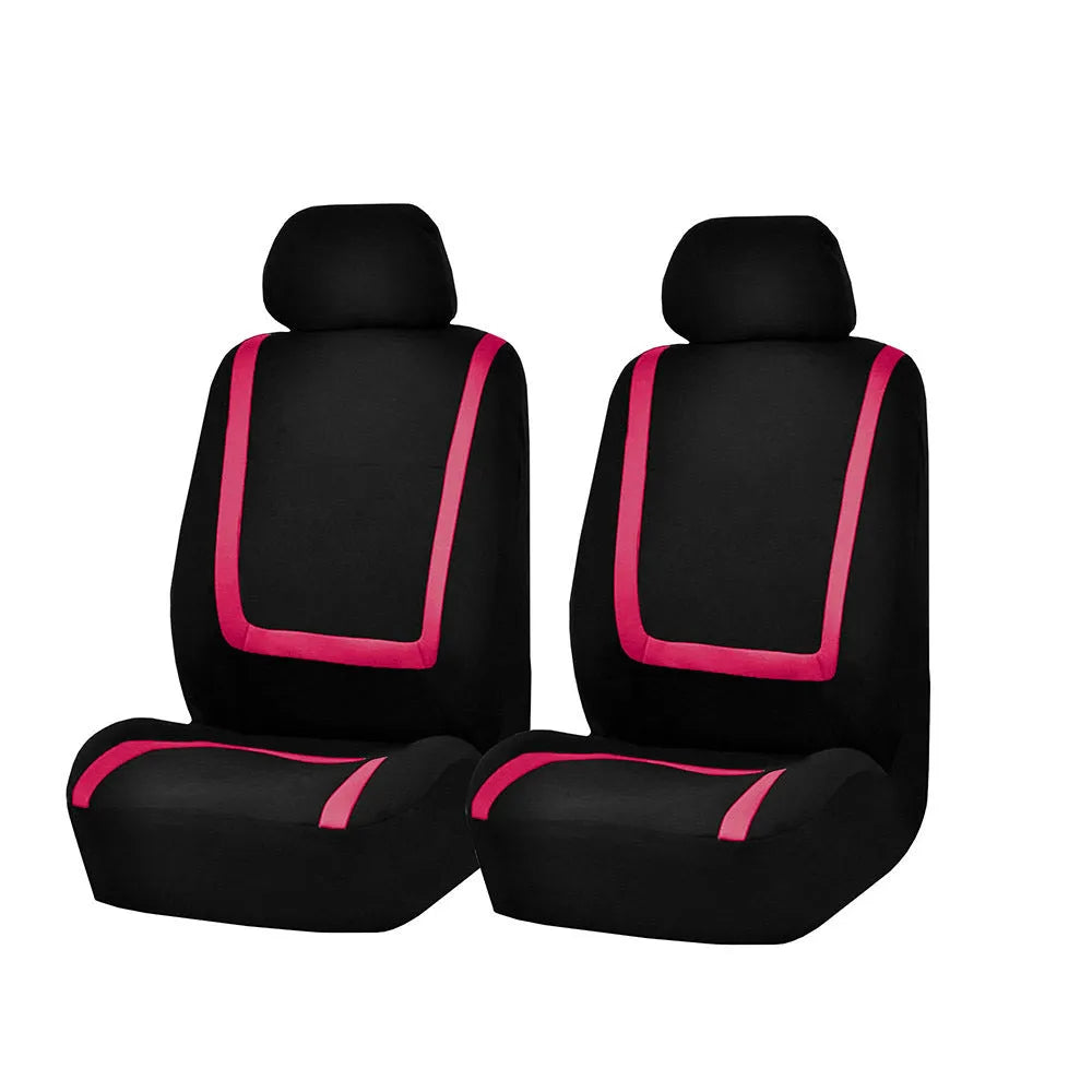 Fully enclosed fabric car seat cover set shown in a two-tone colour on a vehicle seat.