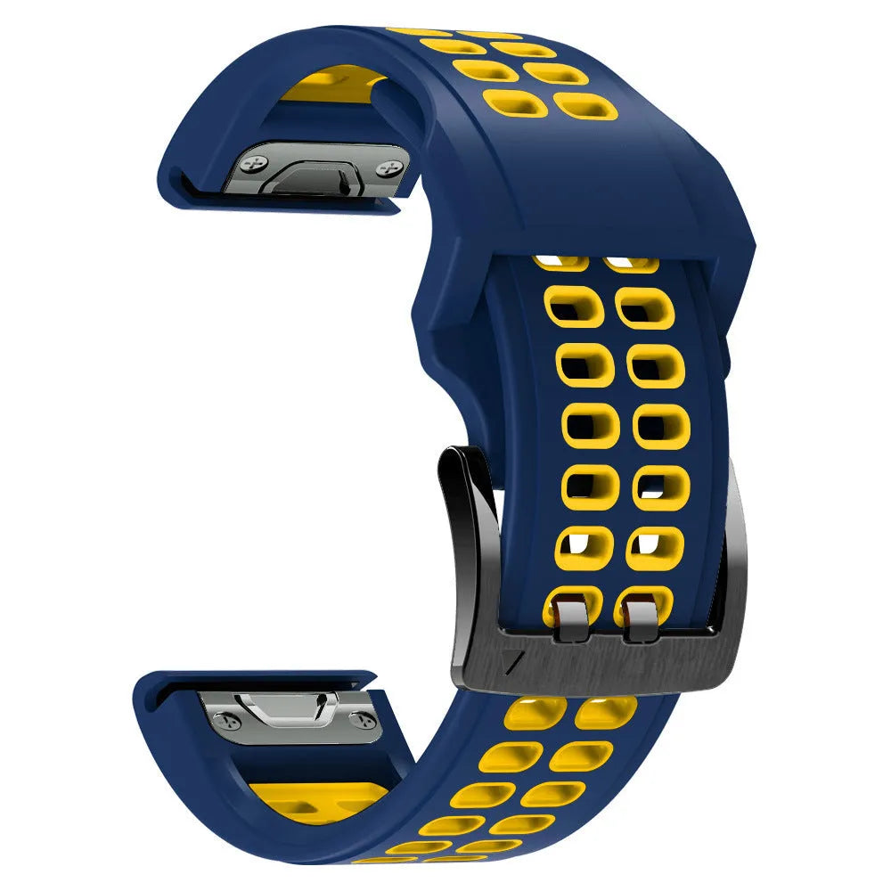 Quick release double row hole silicone watch strap in a two-tone colour on a watch.