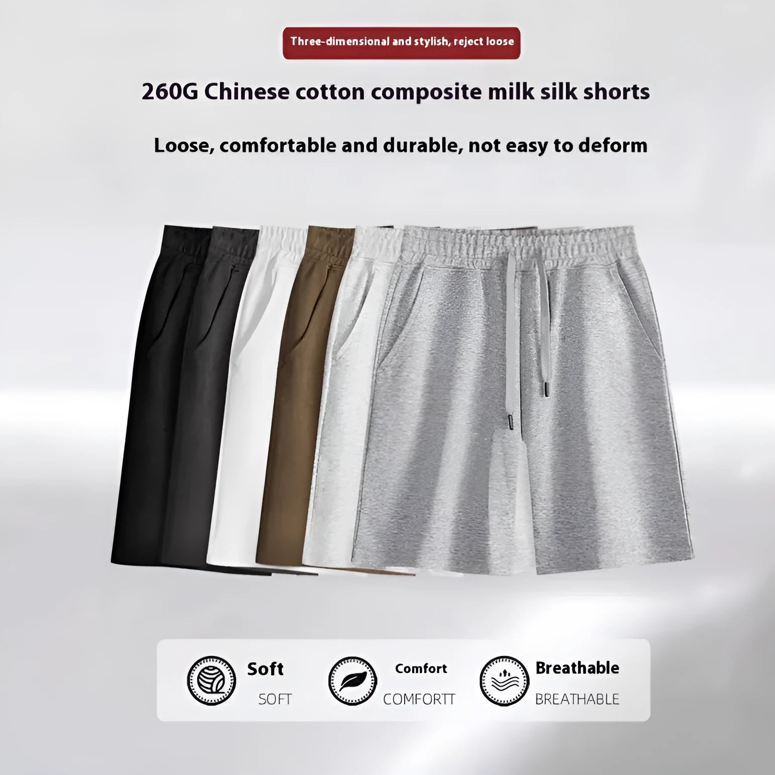 Men's cotton straight leg sports shorts in light grey with elastic waistband