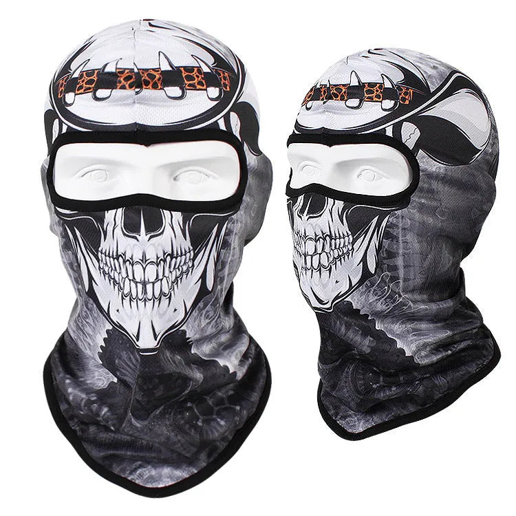 Bakool silk motorcycle skull mask in a skeleton design, sized 36cm by 29cm