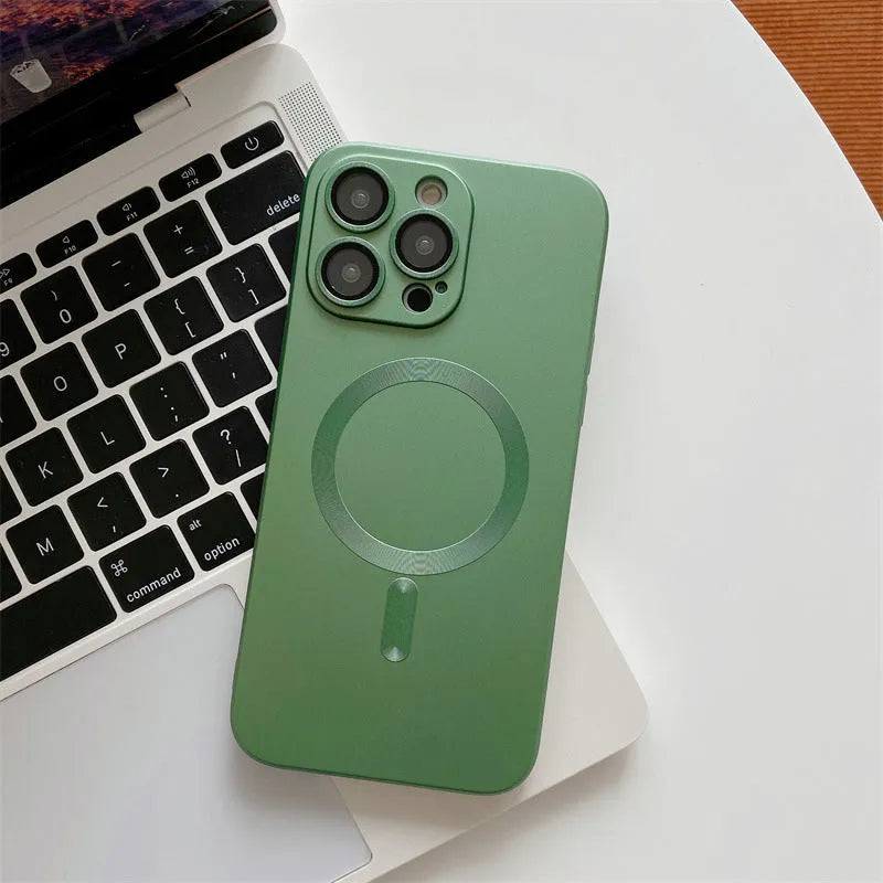 Aluminium alloy frame iPhone protective case with magnetic suction function shown in dark purple colour