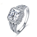Platinum finish geometric zircon ring with hollow design and quadrilateral patterning