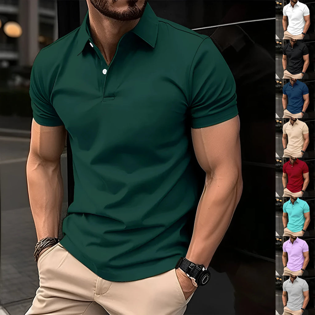 Men's solid colour short sleeve polo shirt with buttoned lapel collar on a hanger.