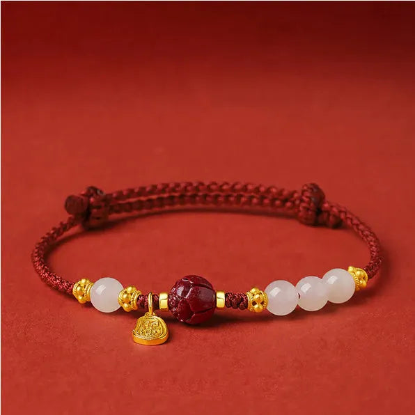 Hetian jade cinnabar red rope women's bracelet with adjustable 925 silver chain