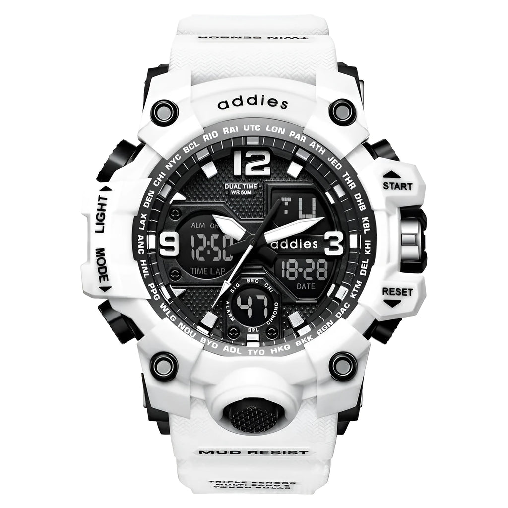 Electronic sports watch with dual analogue and digital display on plastic strap