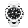 Electronic sports watch with dual analogue and digital display on plastic strap