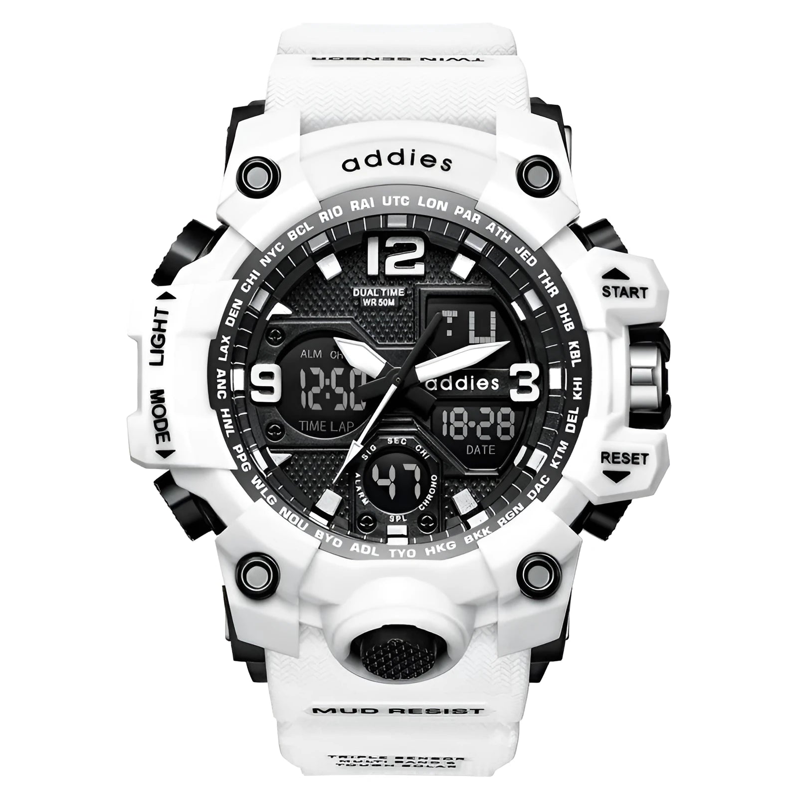 Electronic sports watch with dual analogue and digital display on plastic strap