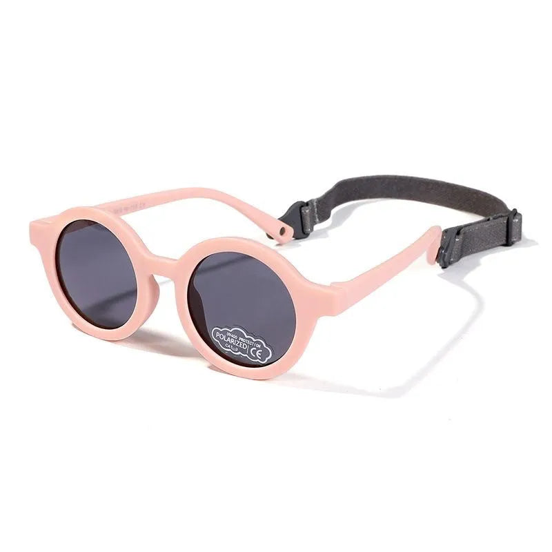 Children's silicone sunglasses with round frames for 0-3 year olds in multiple colour options showing UV400 and polarized protection