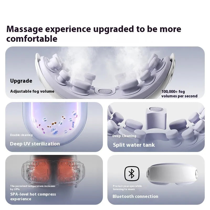 Rechargeable Bluetooth steam smart eye moisturising instrument in purplish grey, showing its compact size and shape.