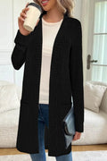 Plus size loose fit long sleeve knitted cardigan jacket in black, grey, or wine red.
