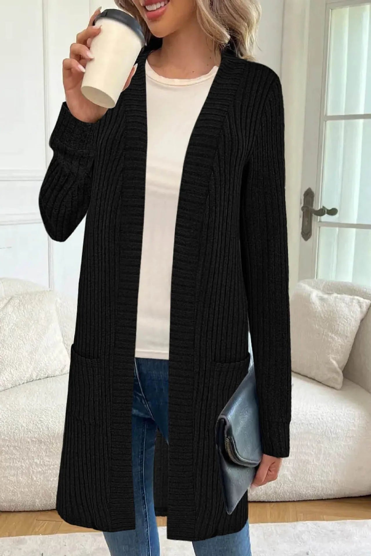 Plus size loose fit long sleeve knitted cardigan jacket in black, grey, or wine red.